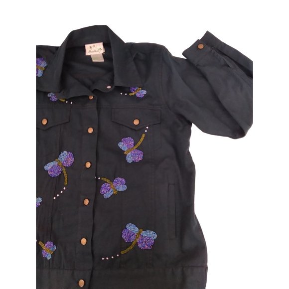 Vtg. Quacker Factory Embellished/pearl beaded Dragonflies button Jacket Large - Picture 14 of 16